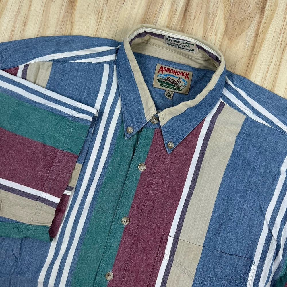 Vintage Adirondack Surf Wash Chambray Stripe Colorful Button Shirt Size XL